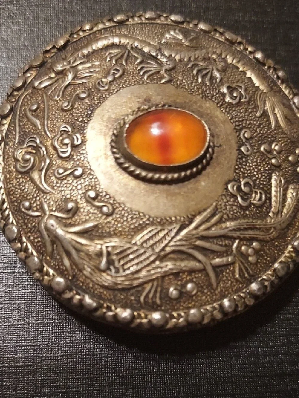 Vintage Chinoiserie Jade Handle Dragon Mirror Carnelian Silver Vanity Antique - Picture 10 of 12